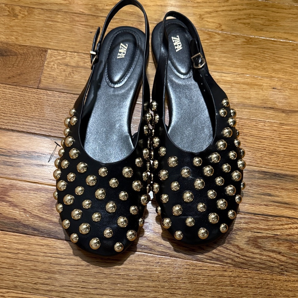 Zara Women's Black Slingback Flats with Gold Accents